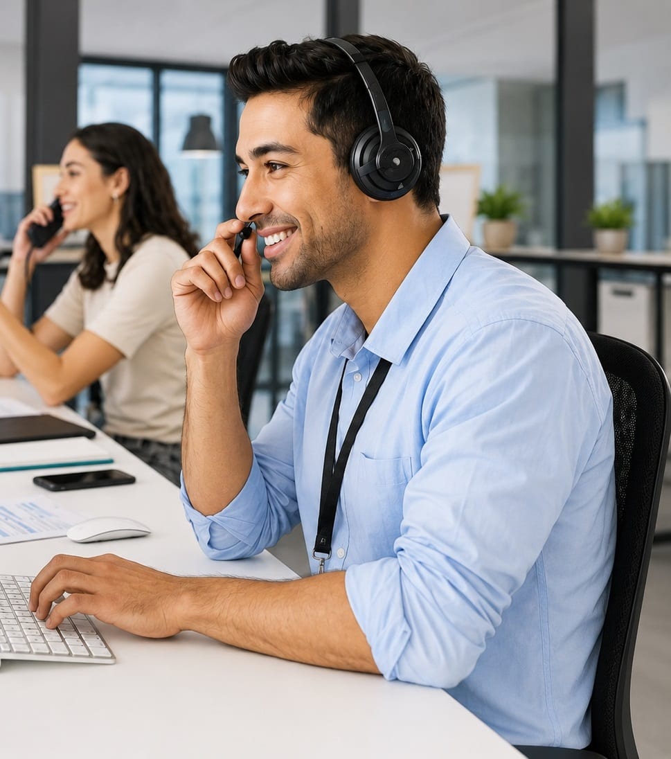 Immobilien-Sales-Manager mit Headset am Arbeitsplatz