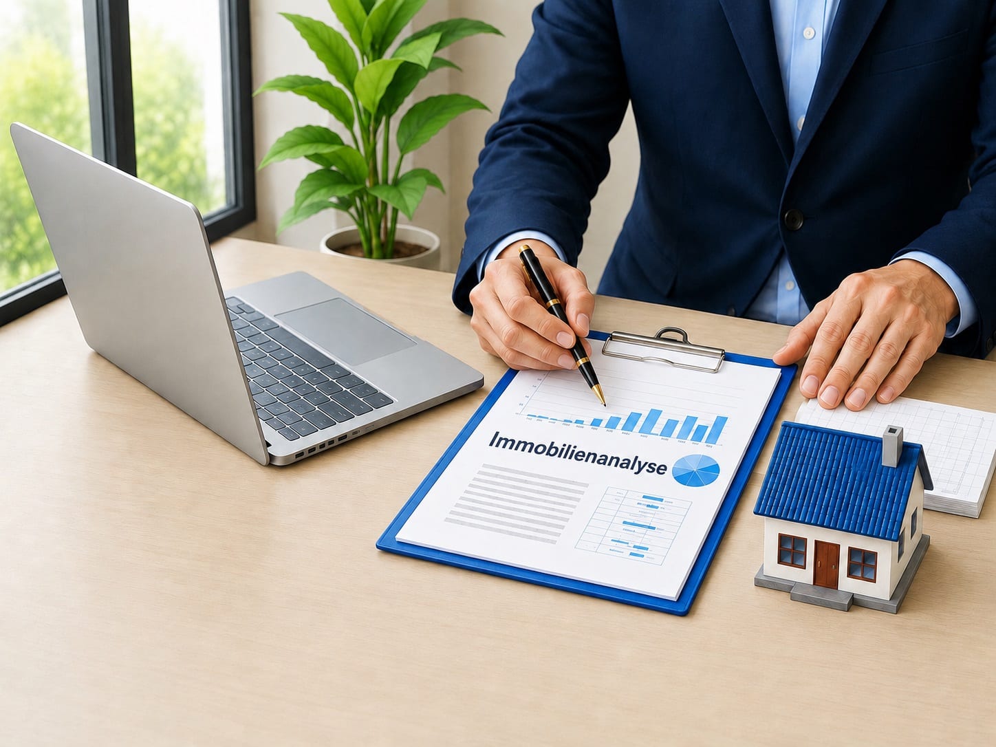 Immobilienbewertung – Analyse mit Laptop, Auswertung und Modellhaus