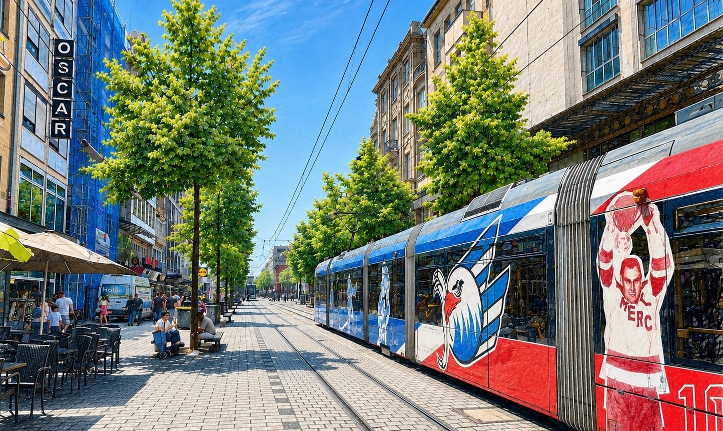 Planken in den Mannheimer Quadraten mit Straßenbahn